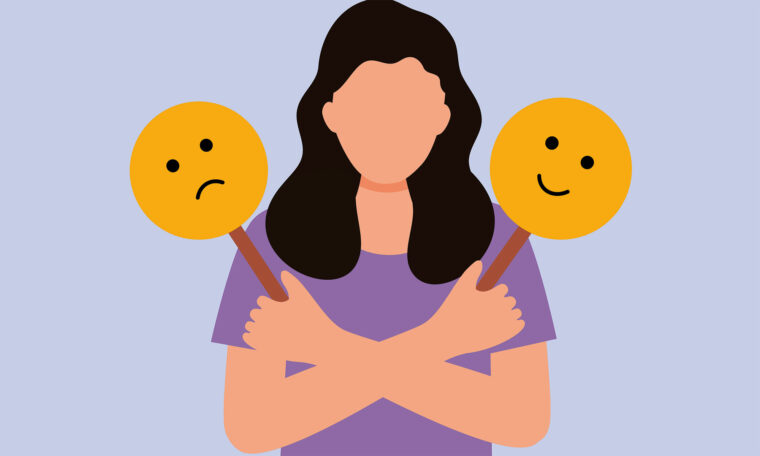 illustration av aniktslös kvinna som håller upp en glad och en ledsen emoji