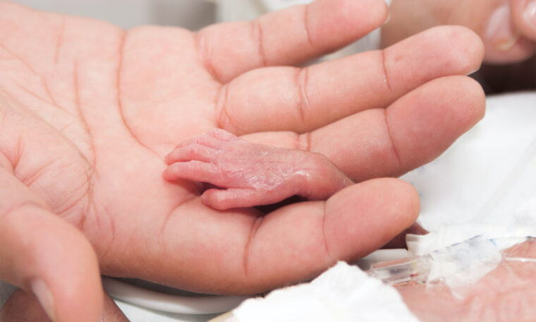 vuxen hand håller liten neonatalhans