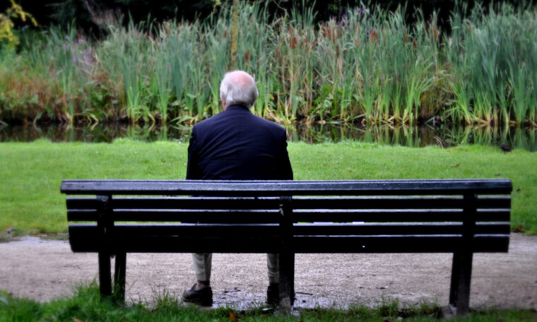 man fotograferad bakifråmn, sittandes på bänk framför en damm