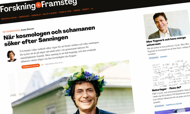 skärmdump Max Tegmark i blomsterkrans och rubrik När kosmologen och schamanen söker efter Sanningen