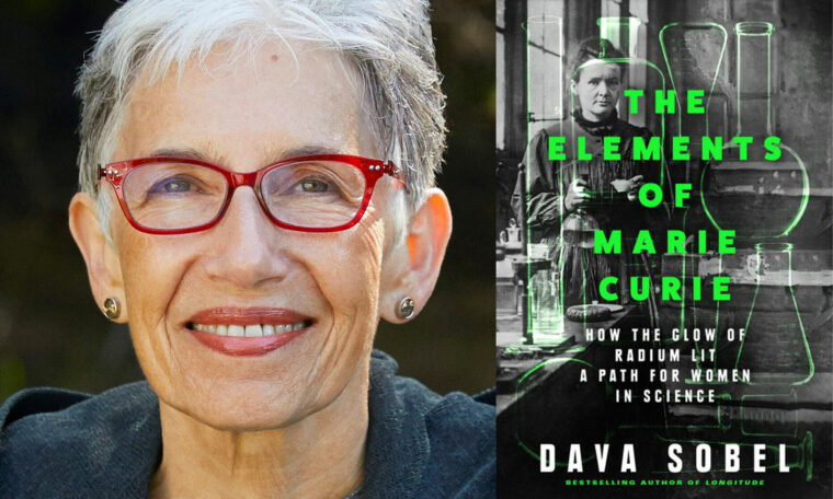 Porträtt Dava Sobel och omslag till boken ”The elements of Marie Curie: How the glow of radium lit a path for women in science”