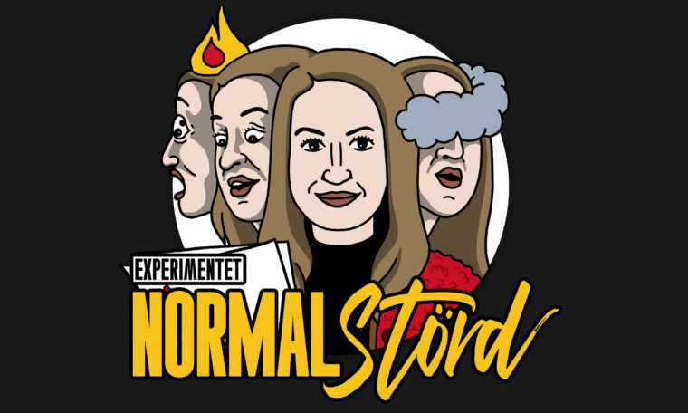 Illustration av fyra kvinnoansikten med olika uttryck. Framför dem står texten ”Experimentet Normalstörd” i stora gula bokstäver mot svart bakgrund.