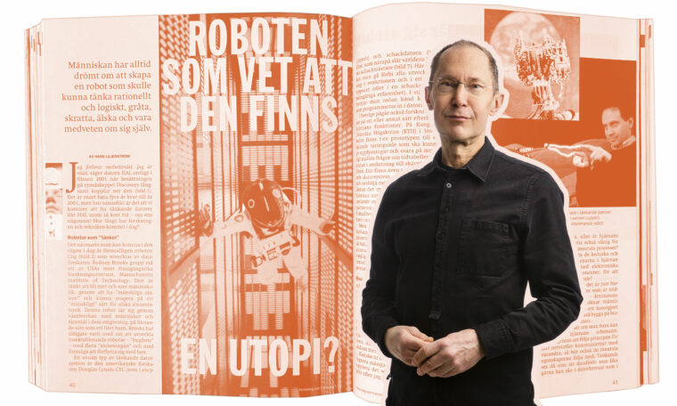 Per Snaprud i montage på gammalt tidningsuppslag med rubriken ”Roboten som jvet att den finns – en utopi?”
